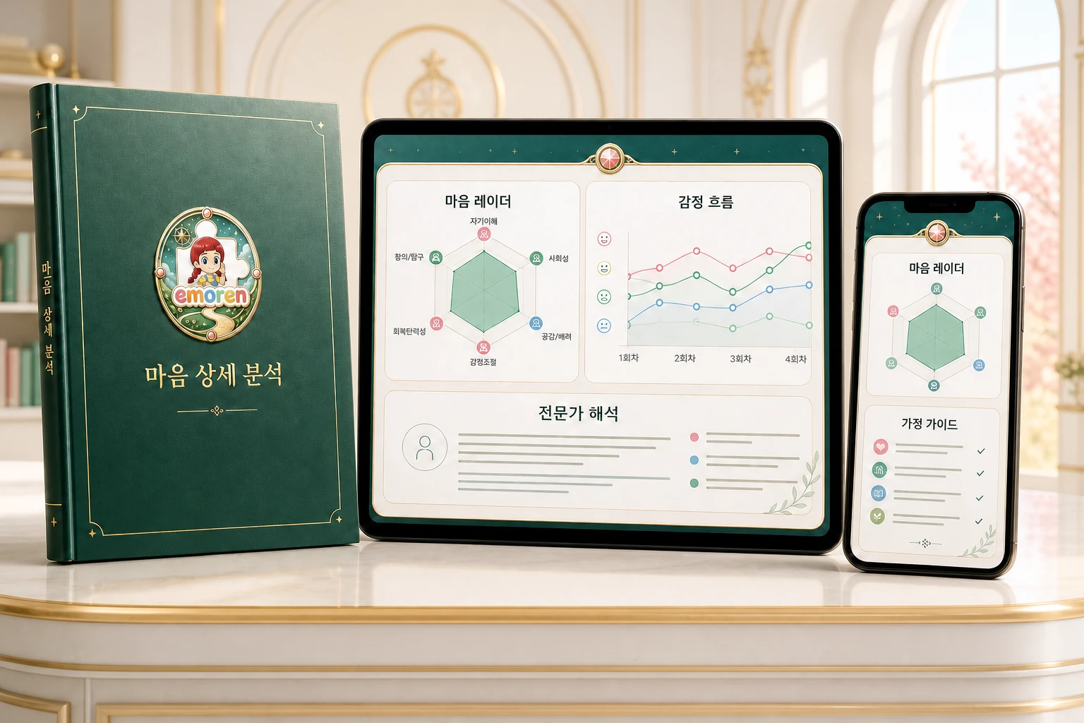 이모렌 마음 상세 분석 보고서와 태블릿·모바일 화면