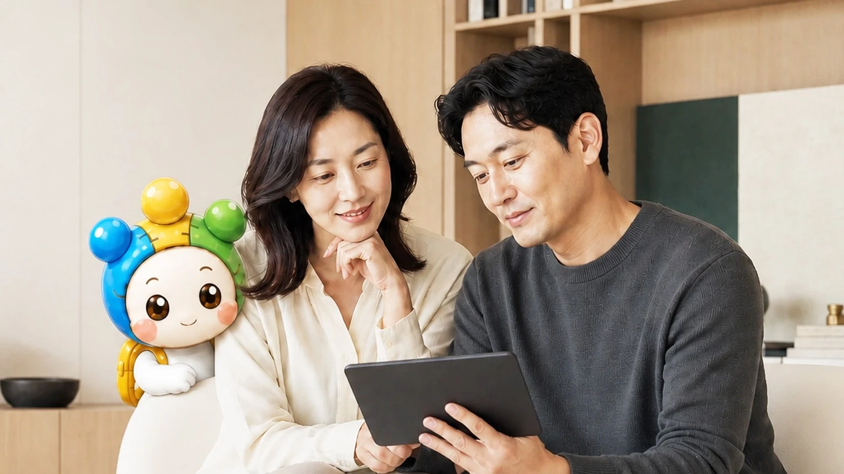 힐링이와 함께 이모렌 마음여행 결과를 살펴보는 보호자